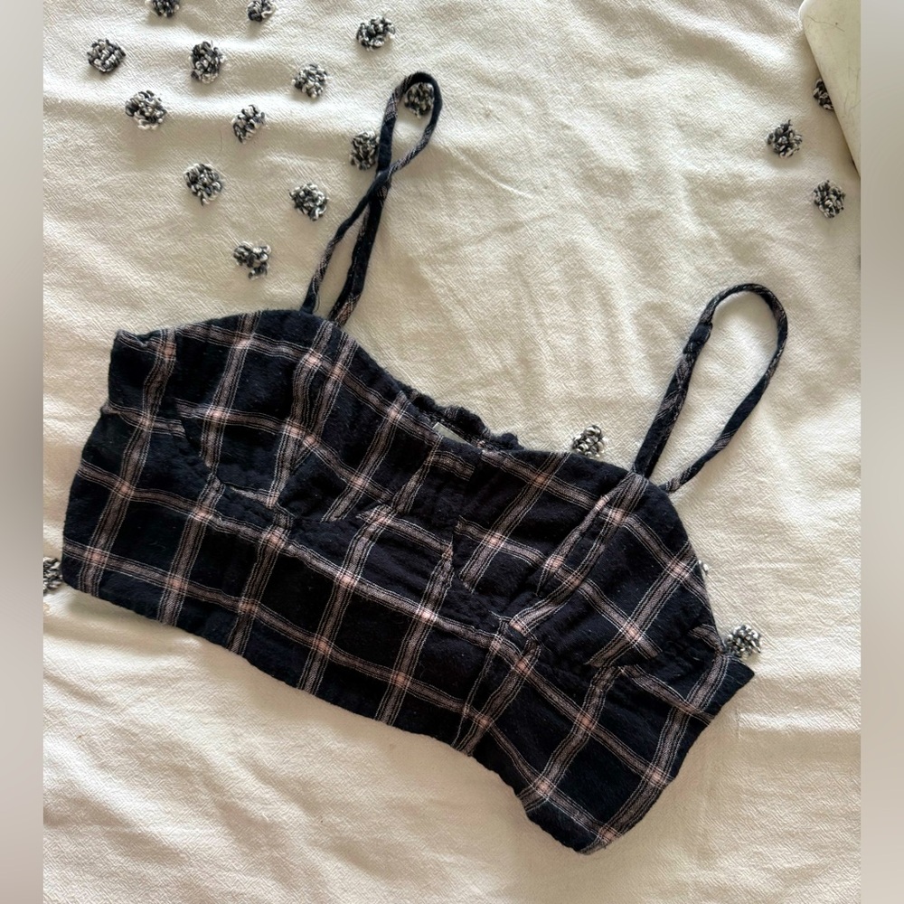 American Eagle Black and White Plaid Corset Crop Top